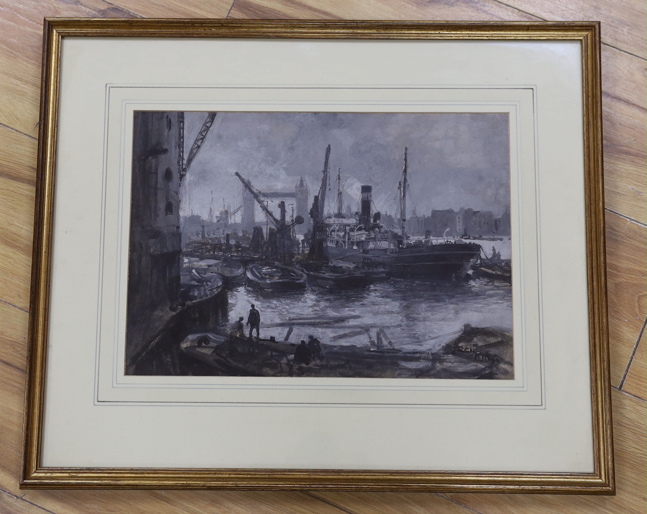 Cecil King (1881-1942), monochrome watercolour, 'Tower Bridge from the Thames', signed, 26 x 37cm